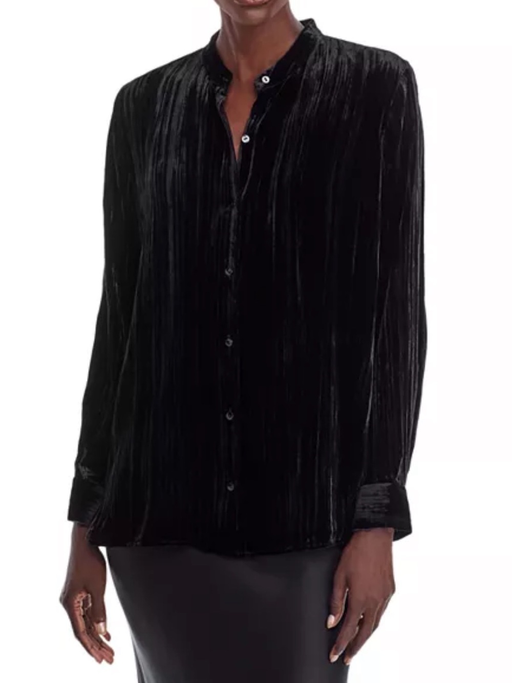 Eileen Fisher Crushed Velvet Mandarin Collared Shirt Black Shirt